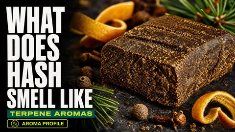 A dark textured hemp resin block rests on stone beside citrus peel, pine needles, and warm spices.