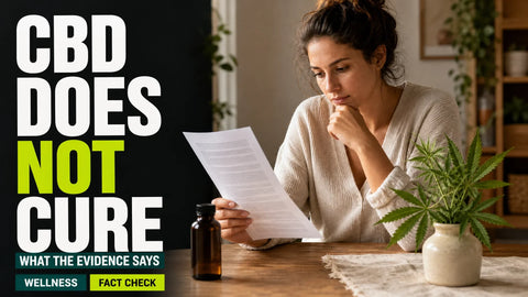 A person reads wellness information at a wooden table beside a hemp sprig and a closed amber bottle in a softly lit home.