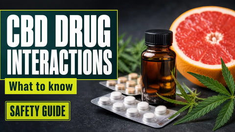 An unbranded hemp-derived CBD bottle stands beside prescription medicine packaging and a halved grapefruit in a carefully lit still life.