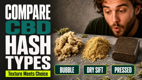 Three contrasting forms of CBD hash sit side by side on a neutral tabletop, showing crumbly, granular, and pressed textures.