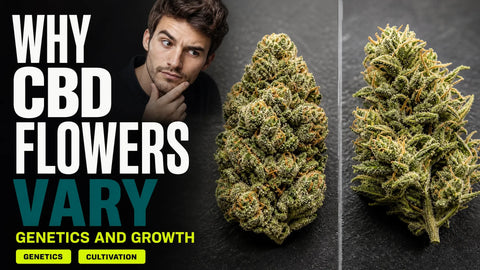 Two hemp flowers are shown in a detailed side-by-side comparison, revealing differences in density, shape, and surface texture.