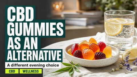Colorful CBD gummies sit in a ceramic dish beside sparkling water, citrus slices, and hemp leaves on a softly lit home table.