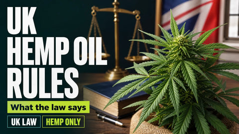 A mature hemp plant stands on a British desk beside subtle legal symbolism and muted Union Jack colours