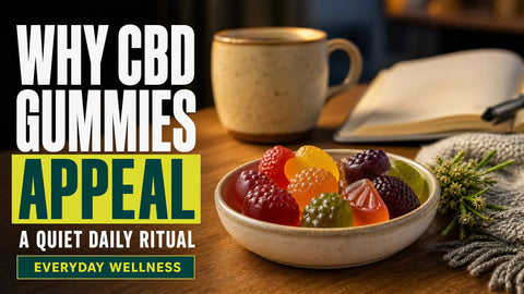Colorful CBD gummies sit in a ceramic dish beside a warm drink and open journal on a quiet home desk.