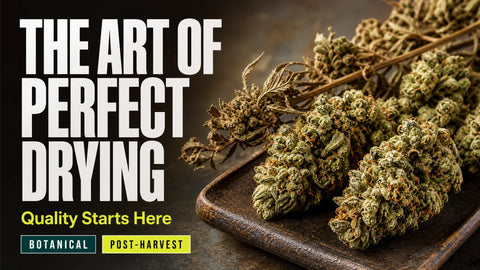 A tray of carefully dried hemp flowers and a small branch is shown in crisp side-lit detail.