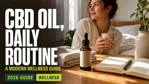An amber CBD oil bottle sits beside an open journal, folded linen, and a ceramic cup on a sunlit bedside table.