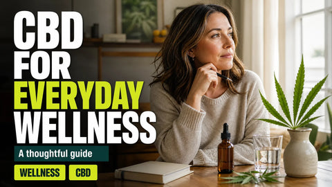 An adult sits beside a sunlit window in a calm home, with an unbranded amber bottle, hemp leaves, water, and a notebook on a nearby table.