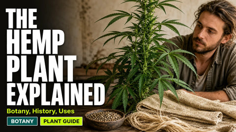 A tall hemp plant stands beside hemp seeds, woven fiber, and loose plant material on a warm wooden surface.