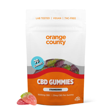 Orange County CBD Gummy Strawberries, 1600mg full-spectrum CBD per tub, 23mg per gummy, THC-free, vegan, 70 gummies.