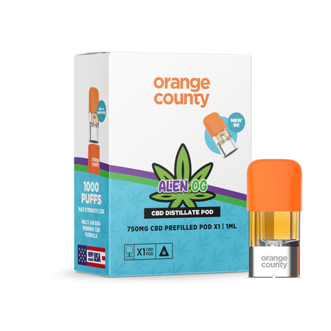 Alien OG CBD pod 750mg – broad-spectrum distillate with terpene-rich flavour, no VG/PG, rechargeable.