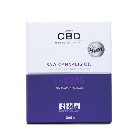 Bottle of RAW 2000mg CBD Oil – high-strength broad plant-spectrum oil from British Cannabis™, 0% THC.
