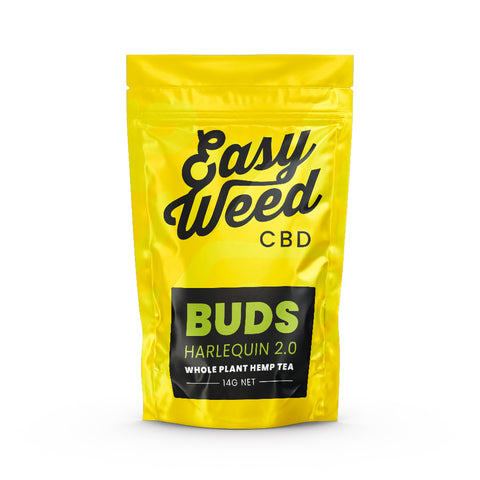 Easy Weed Harlequin 2.0 CBD Flower, 16% CBD, <0.2% THC, pine-citrus aroma, Sativa, grown using organic methods.