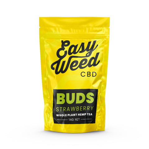 Easy Weed's Strawberry Haze CBD, small buds, 17% CBD, <0.2% THC, EU-grown, fruity-sweet aroma, for tea infusion.