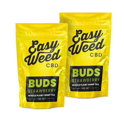 Easy Weed's Strawberry Haze CBD, small buds, 17% CBD, <0.2% THC, EU-grown, fruity-sweet aroma, for tea infusion.