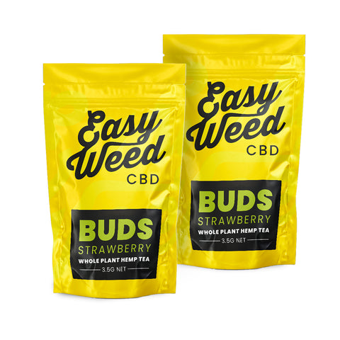 Easy Weed's Strawberry Haze CBD, small buds, 17% CBD, <0.2% THC, EU-grown, fruity-sweet aroma, for tea infusion.