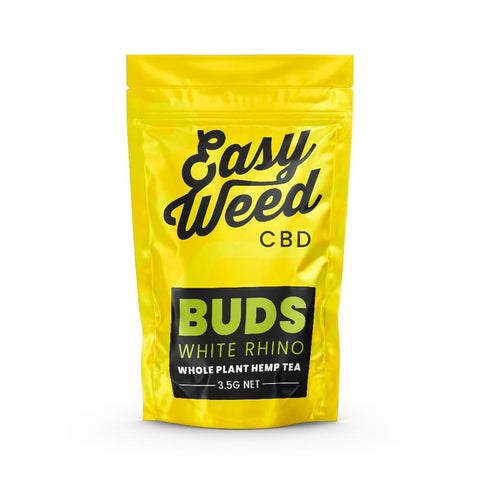 Easy Weed White Rhino CBD flower, 12% CBDa, organic, greenhouse-grown, pine, earth, and citrus aroma.