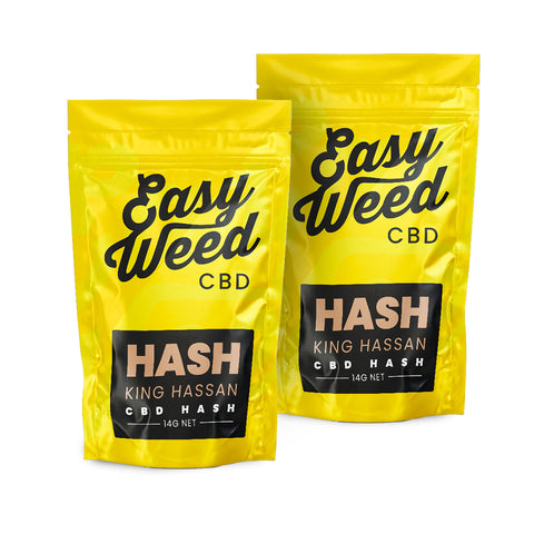 Easy Weed King Hassan CBD+CBG Hash, 7% CBG, 5% CBD, pine-citrus scent, <0.2% THC, organic, non-psychoactive.