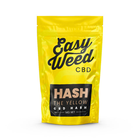 Easy Weed's artisanal Yellow CBD Hash, 19% CBD, beige-yellow, sandy texture, 100% legal, <0.2% THC, slow-sieved, cold-pressed, Skunk-like taste, for educational use.