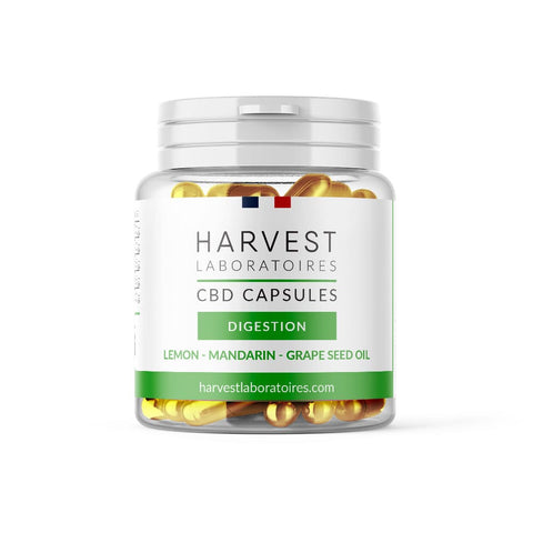 Harvest Laboratoires CBD Digestion Capsules, 750mg CBD, mandarin extract, organic, gluten-free, THC-free, aids digestion.