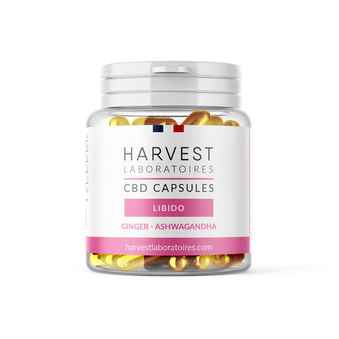 Harvest CBD Libido Capsules, 1500mg CBD, with ashwagandha and ginger extracts, organic, THC-free, promotes wellness.