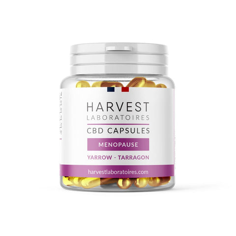 Harvest CBD Menopause Capsules, 1500mg CBD, with yarrow and tarragon, organic, vegan, <0.2% THC, aids menopause symptoms.
