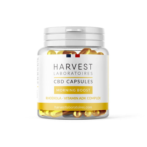 Harvest CBD Morning Boost Capsules, 750mg CBD, with Rhodiola, vitamins A, D, K, organic, gluten-free, zero THC.