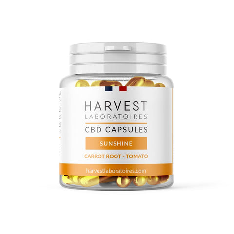 Harvest CBD Sunshine Capsules, 750mg CBD, with carrot and tomato extracts, gluten-free, organic, for skin well-being.