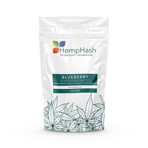 Blueberry CBD hemp tea, 14% CBD, glasshouse-grown, blueberry and pine aroma, mid-green flowers.