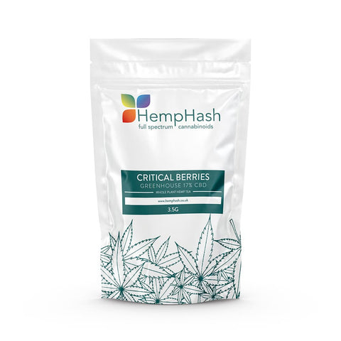 Critical Berries CBD Flower Hemp Tea: 15% CBD, US-origin, sweet berry and spice aromas, greenhouse-grown.