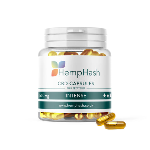 Hemphash 1500mg CBD Capsules, CO2 cold extraction, coconut MCT oil carrier, <0.2% THC, high cannabis compound content.