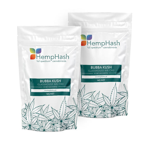 Bubba Kush CBD flower hemp tea, 16% CBD, glasshouse-grown, premium quality, rich terpene profile.