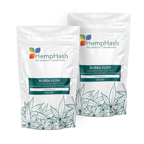 Bubba Kush CBD flower hemp tea, 16% CBD, glasshouse-grown, premium quality, rich terpene profile.