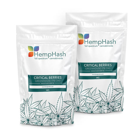 Critical Berries CBD Flower Hemp Tea: 15% CBD, US-origin, sweet berry and spice aromas, greenhouse-grown.