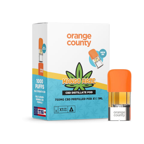 Mango Haze OG CBD vape pod with 750mg broad-spectrum CBD and mango flavour, VG/PG-free.