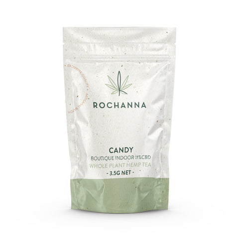 Rochanna's Candy CBD, sweet candy aroma, 40% Indica/60% Sativa hybrid, for hemp tea infusion, <0.2% THC.