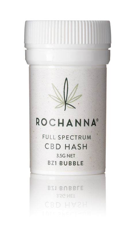 Rochanna's BZ1 Bubble CBD Hash, golden brown, 31.432% CBD, <0.2% THC, lab-tested, for novelty use.